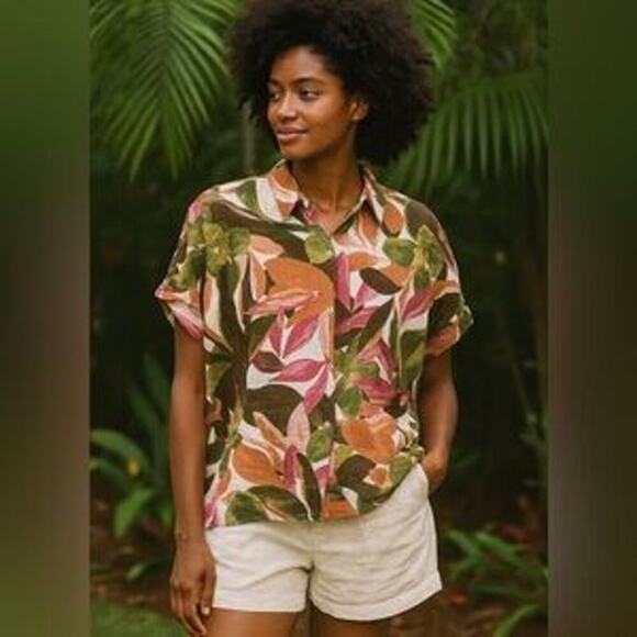 Rachel Zoe Top Womens Size Medium Colorful Floral Foliage 100% Linen Button Down - Picture 3 of 16